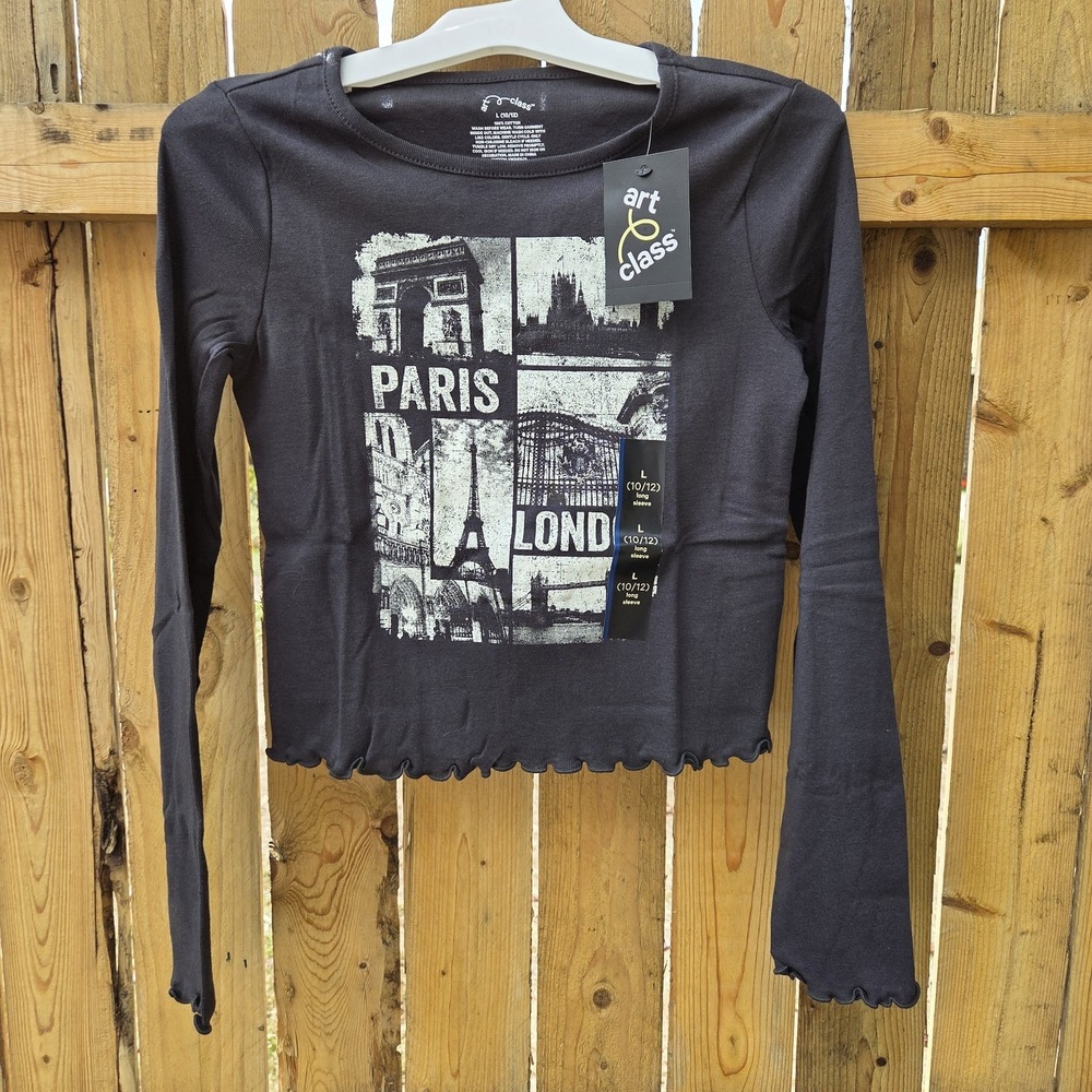 Art Class Girls' Large (10-12) Long Sleeve Fitted Graphic T-Shirt Paris London